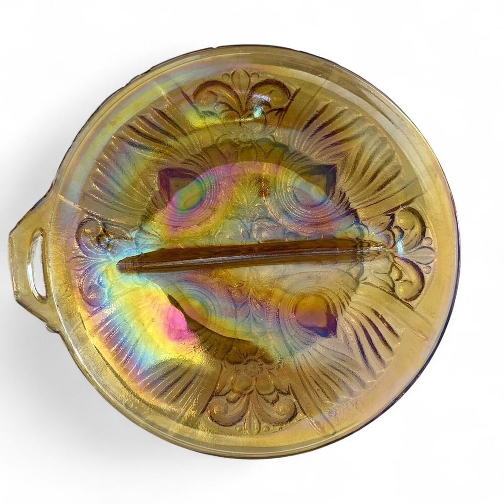Vintage Indiana Glass Company iridescent Carnival Amber Glass Divided Bowl